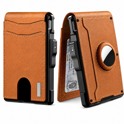 Portefeuille RFID en Cuir Premium avec Éjection Cartes & Support AirTag
