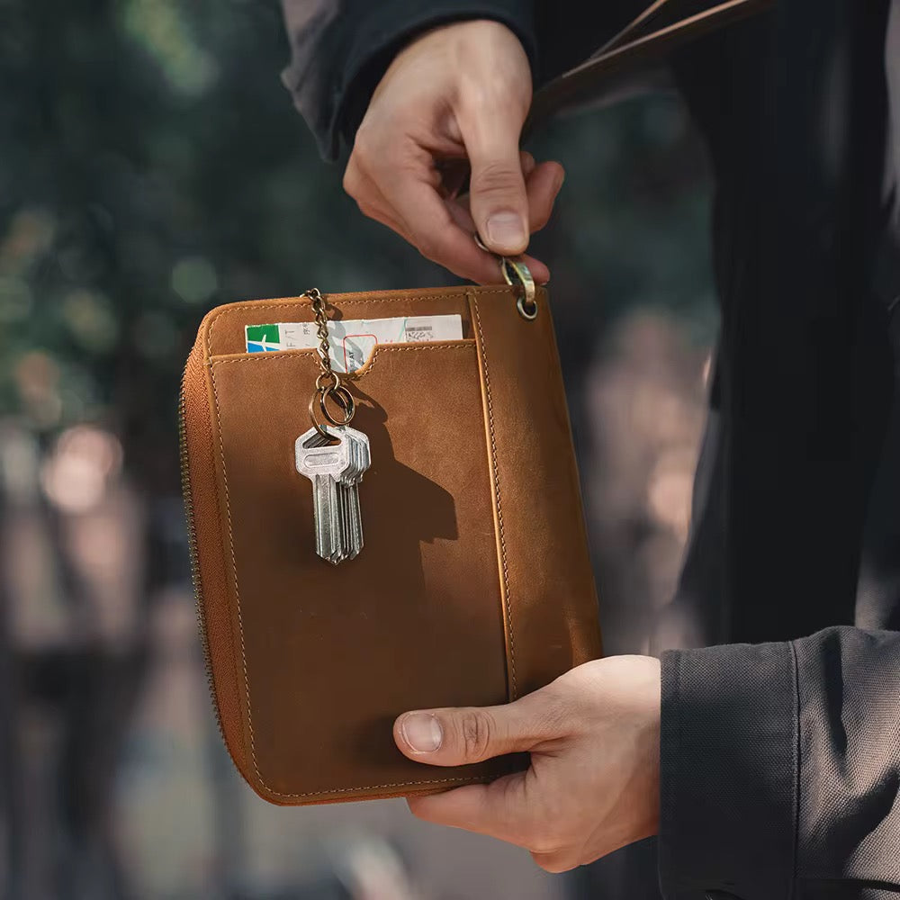 Portefeuille Zippé de Luxe en Cuir Véritable avec Emplacement AirTag – Élégant, Sécurisé et Multifonction