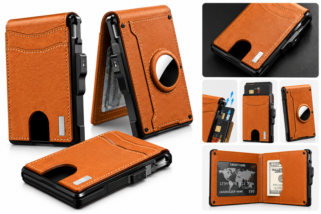 Premium Leather RFID Wallet with Card Ejection &amp; AirTag Holder