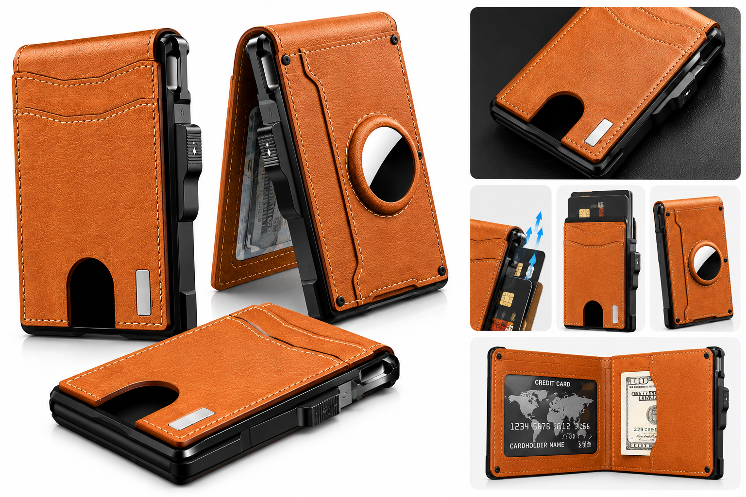 Portefeuille RFID en Cuir Premium avec Éjection Cartes & Support AirTag