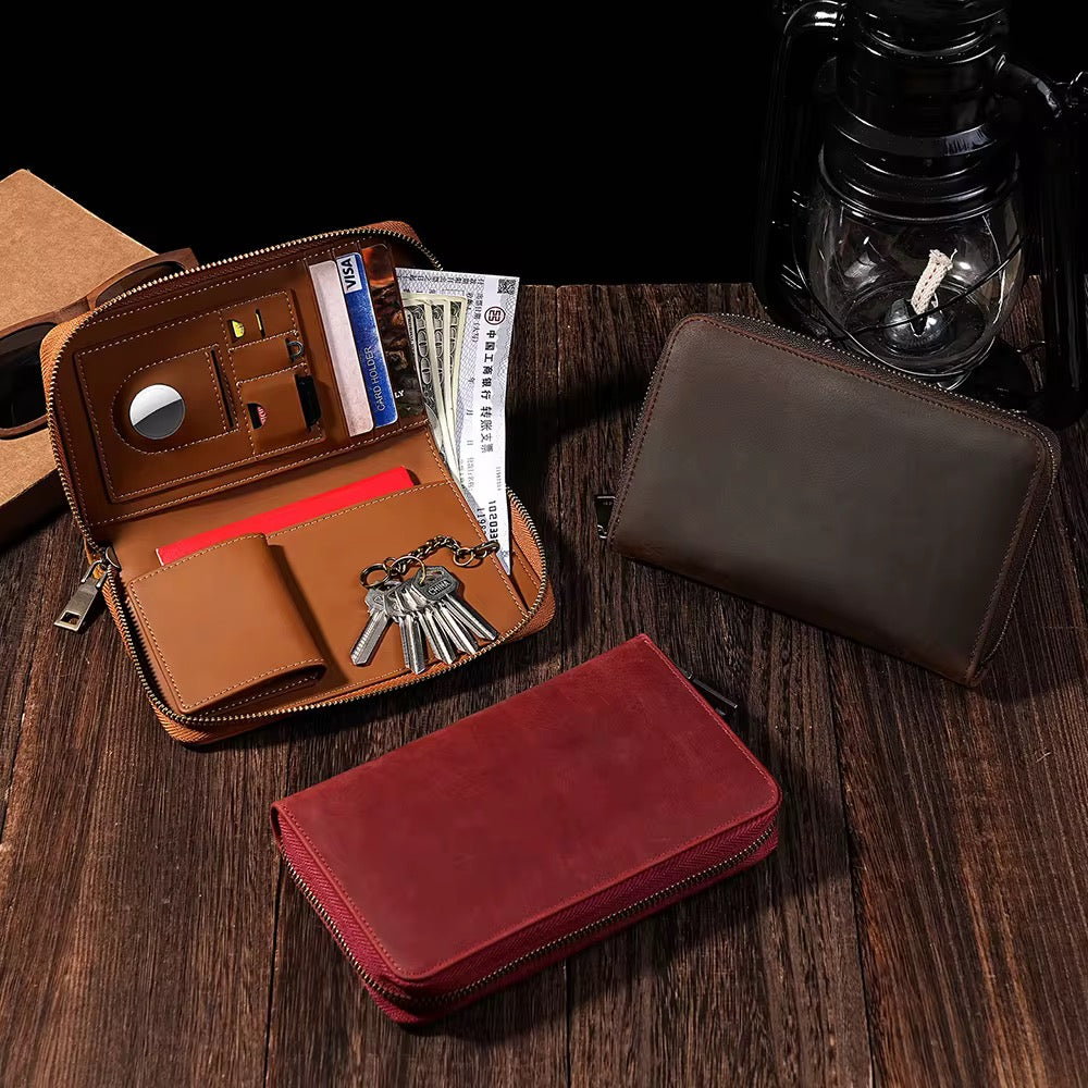 Portefeuille Zippé de Luxe en Cuir Véritable avec Emplacement AirTag – Élégant, Sécurisé et Multifonction